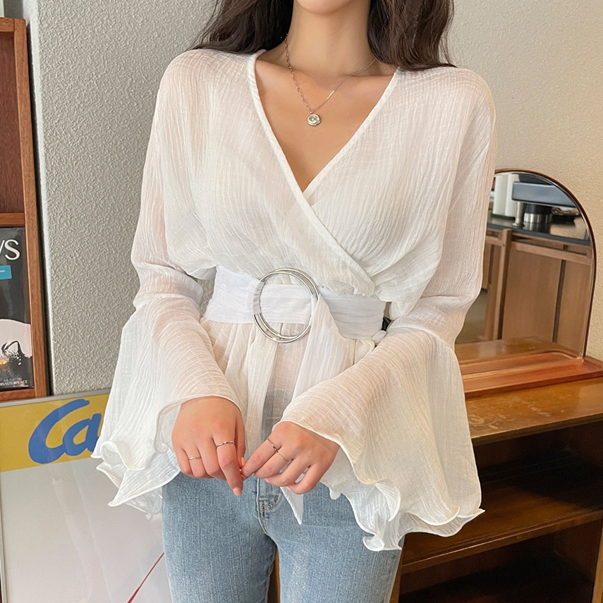 長袖ブラウス トップス シャツ ブラウス 袖あり 長袖 Vネック カシュクール ベルト ウエストマーク ハイウエスト 透け感 かわいい 大人可愛い きれいめ シンプル カジュアル 大人 上品 おしゃれ