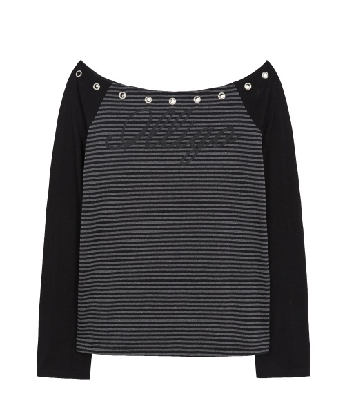 【ILLIGO】 Raglan Off-Shoulder Long Sleeve Stripe Charcoal 正規品
