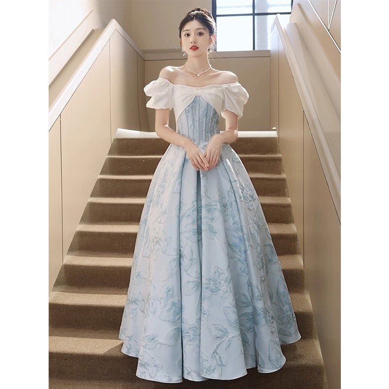 ブルーのイブニングドレス宴会ホストエレガントなワンショルダー学生美術試験ドレス 5,106円