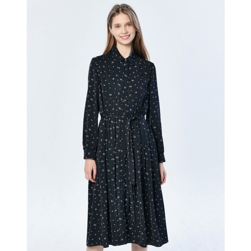 [25SS] ポリフラワーロングスリーブドレスネイビー HSDR5A103N2