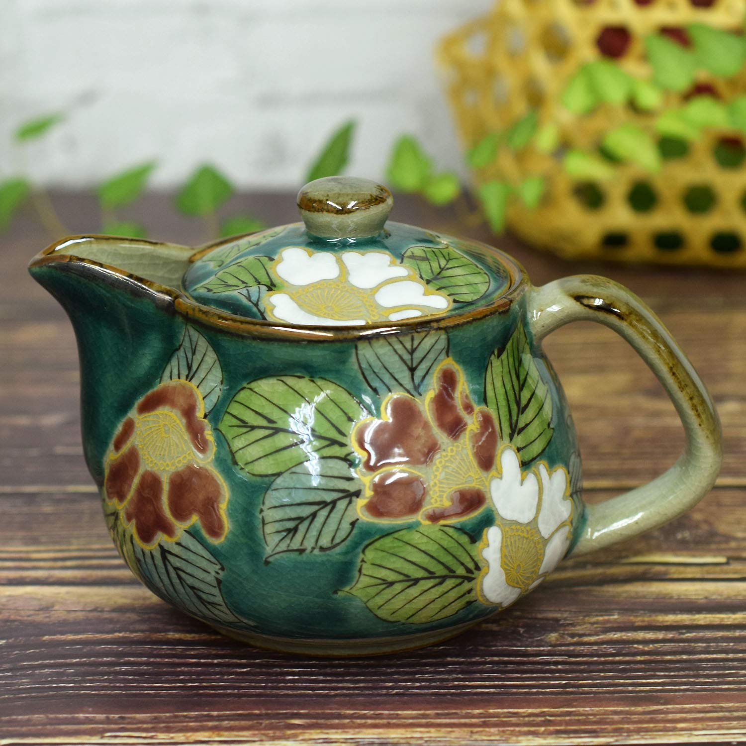 和座の蔵 おしゃれ 和食器 九谷焼 急須 ポット グリーン山茶花 茶こし網付 陶器 高級 ブランド 食器 日本製 誕生日プレゼント
