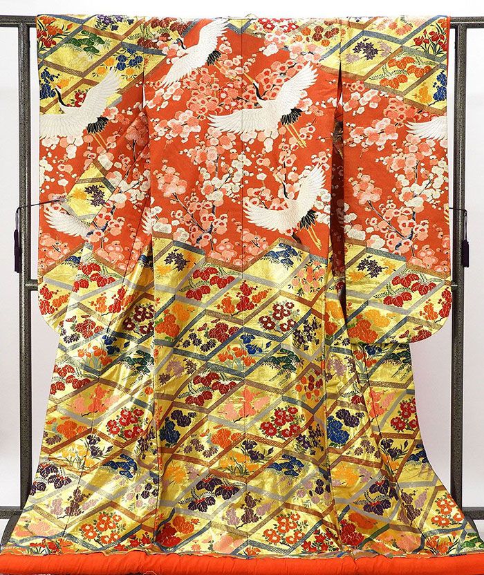 色打掛 正絹 万彩千寿のよろこび 鶴 打掛 花嫁衣裳 婚礼 良品 リサイクル 中古 着物 e3191