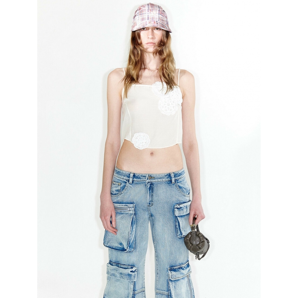 OPEN YY フラワーアップリケシアートップアイボリー