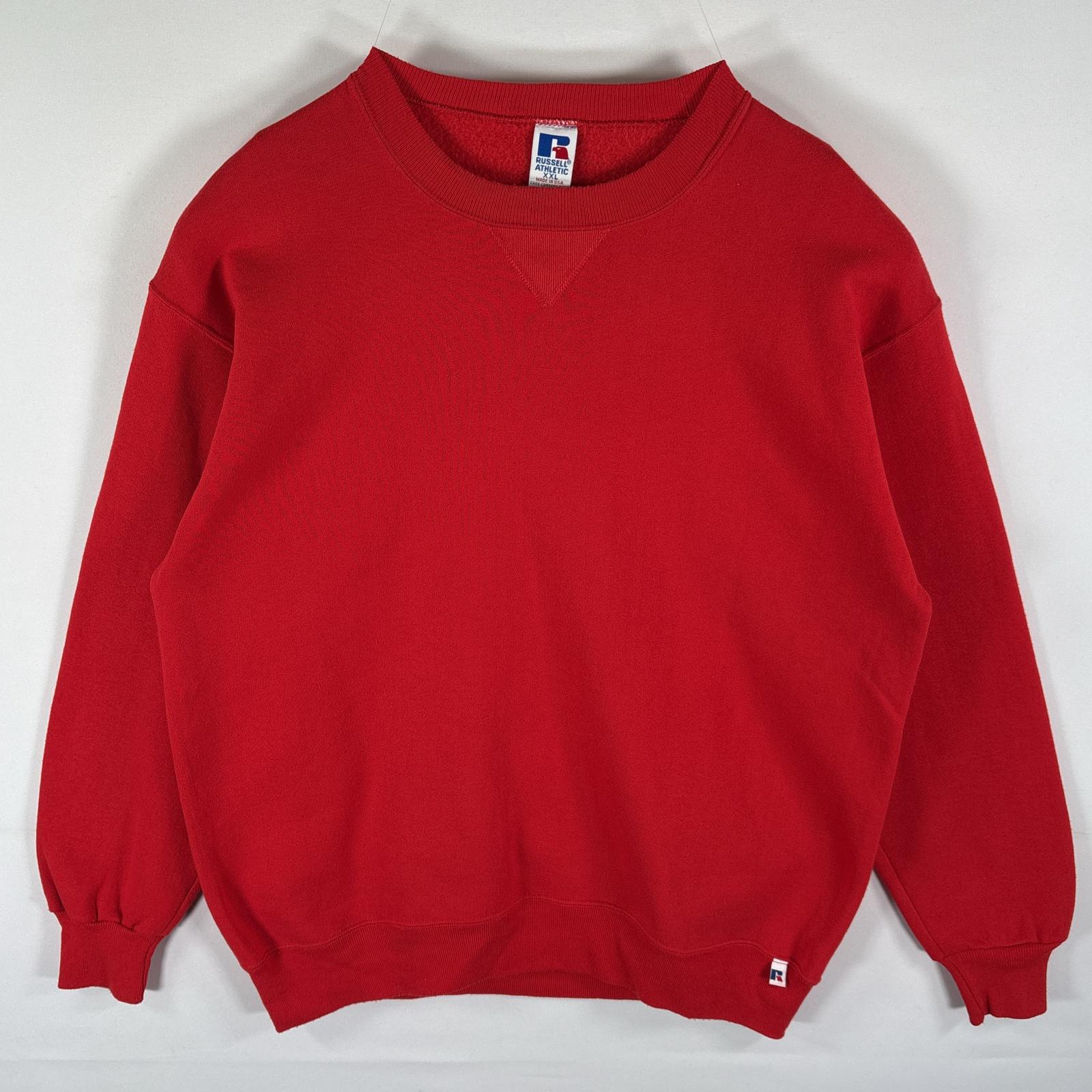 古着 90s/90年代 USA製 スウェット トレーナー クルーネック 無地 前Vガゼット 大きいサイズ XXL レッド メンズ