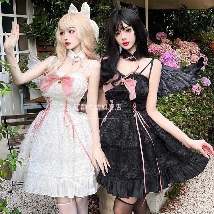 2025新作入荷 ロリータ黒と白天使悪魔ドレスブードワール双子ロリータゴシックJSKドレスソフト少女ロリータ