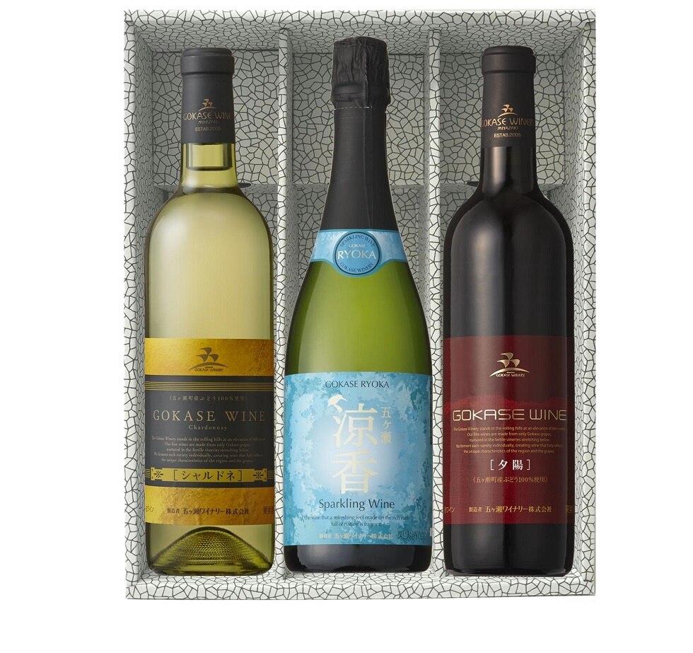 地ワインセットギフト箱入五ヶ瀬ワインシャルドネ（白）辛口720ML＆五ヶ瀬涼香（白）辛口750ml＆夕陽（赤）辛口720ml3本セット宮