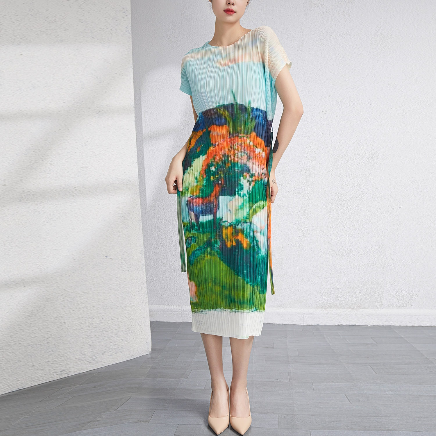 高級優雅ワンピース女性春夏プリント修身シワ中ロングスカート