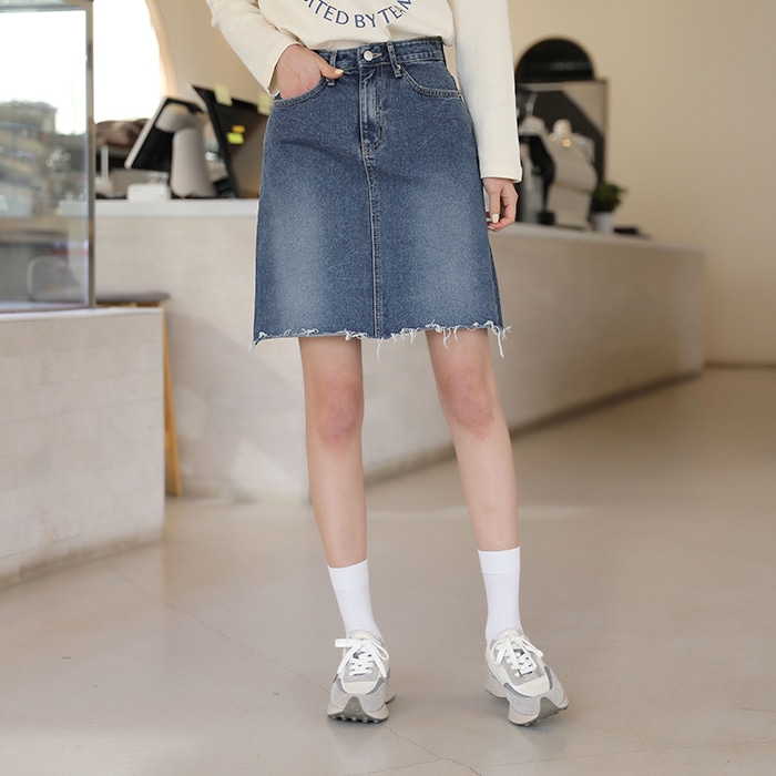 [韓国ファッション] Aライン カットオフデニムミニスカート