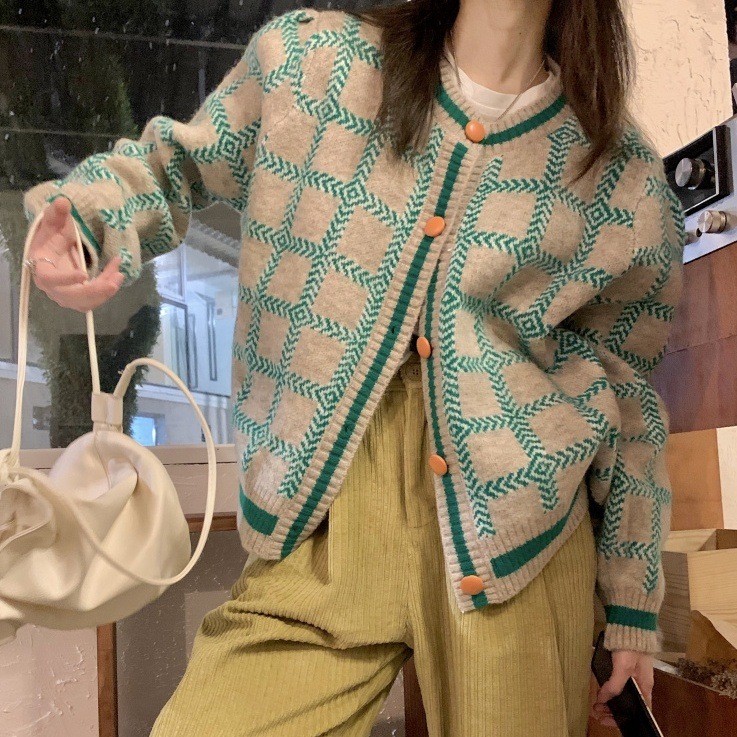 オーバーサイズ カラーボタン 格子柄 トップス セーター カーディガン プルオーバー ミディアム丈 5,003円