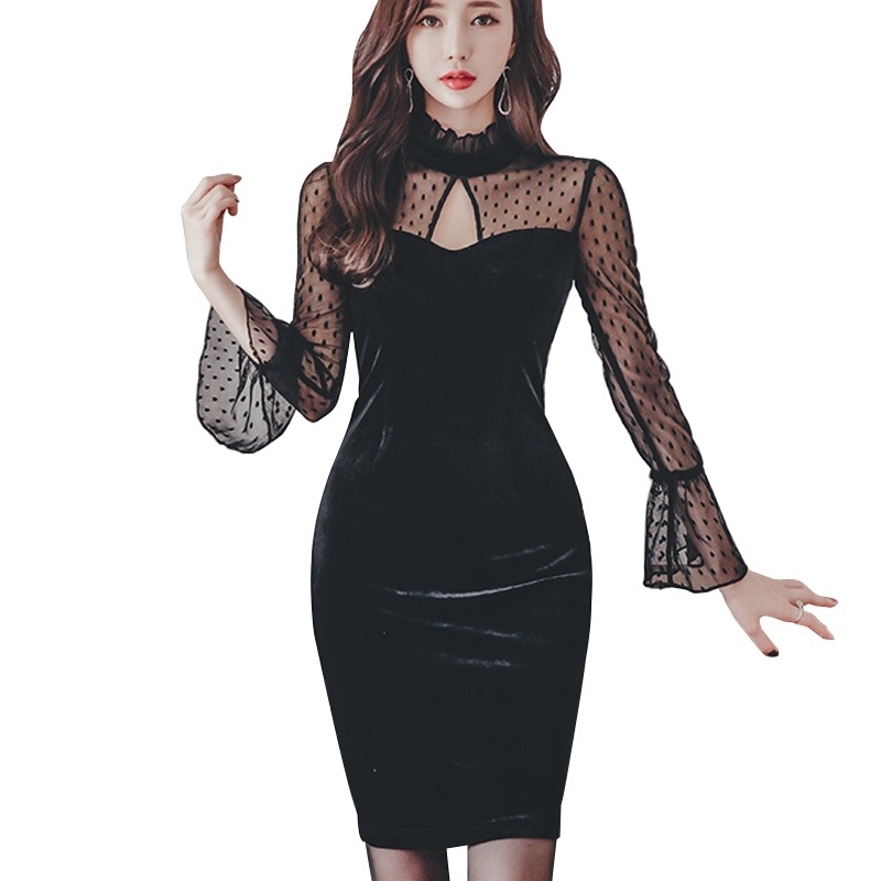 韓国 服 量産型 長袖 黒 ベロアドットレースセクシーミニワンピ 可愛い服 お洒落 大人系