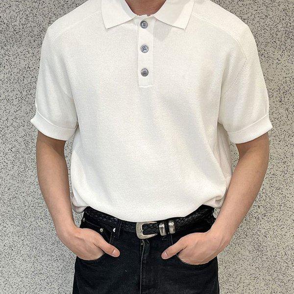 メンズ シンプル ボタン カラーネック 半袖 ニットTシャツ AS-KNH-Q016-アイボリー