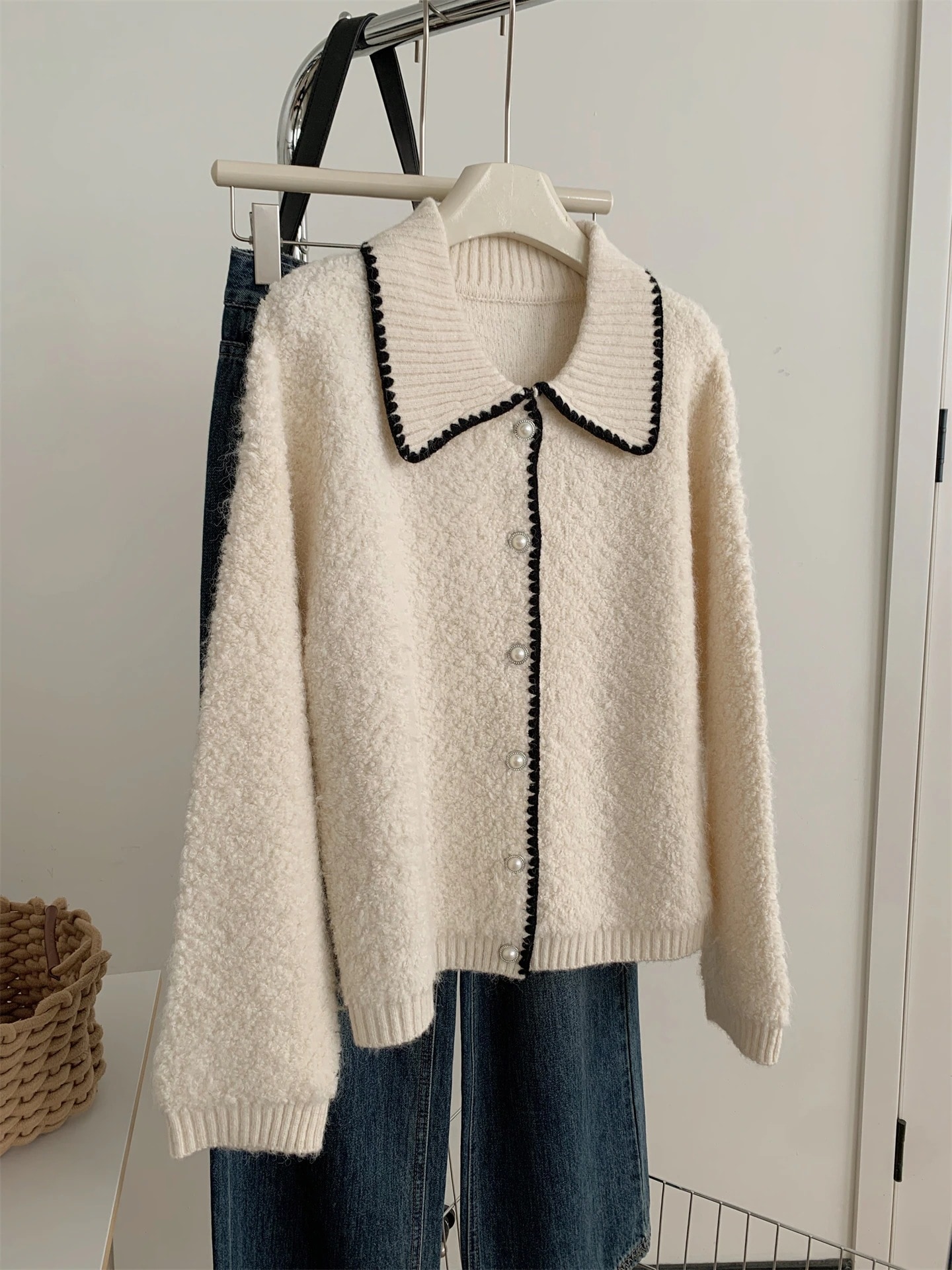 ソフトレトロ シャネル風 ウール混 ニットカーディガン レディース 秋冬 韓国風 ボアヤーン 衿付き セーターコート