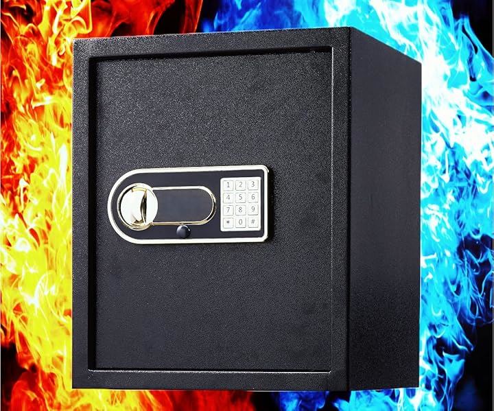 金庫 家庭用 小型 防犯金庫 A4書類横収納可能 鍵＆緊急電池ボックス付 テンキー式 床・壁に固定可能 safe 事務所 店 取扱説明書付(Black, 47L)