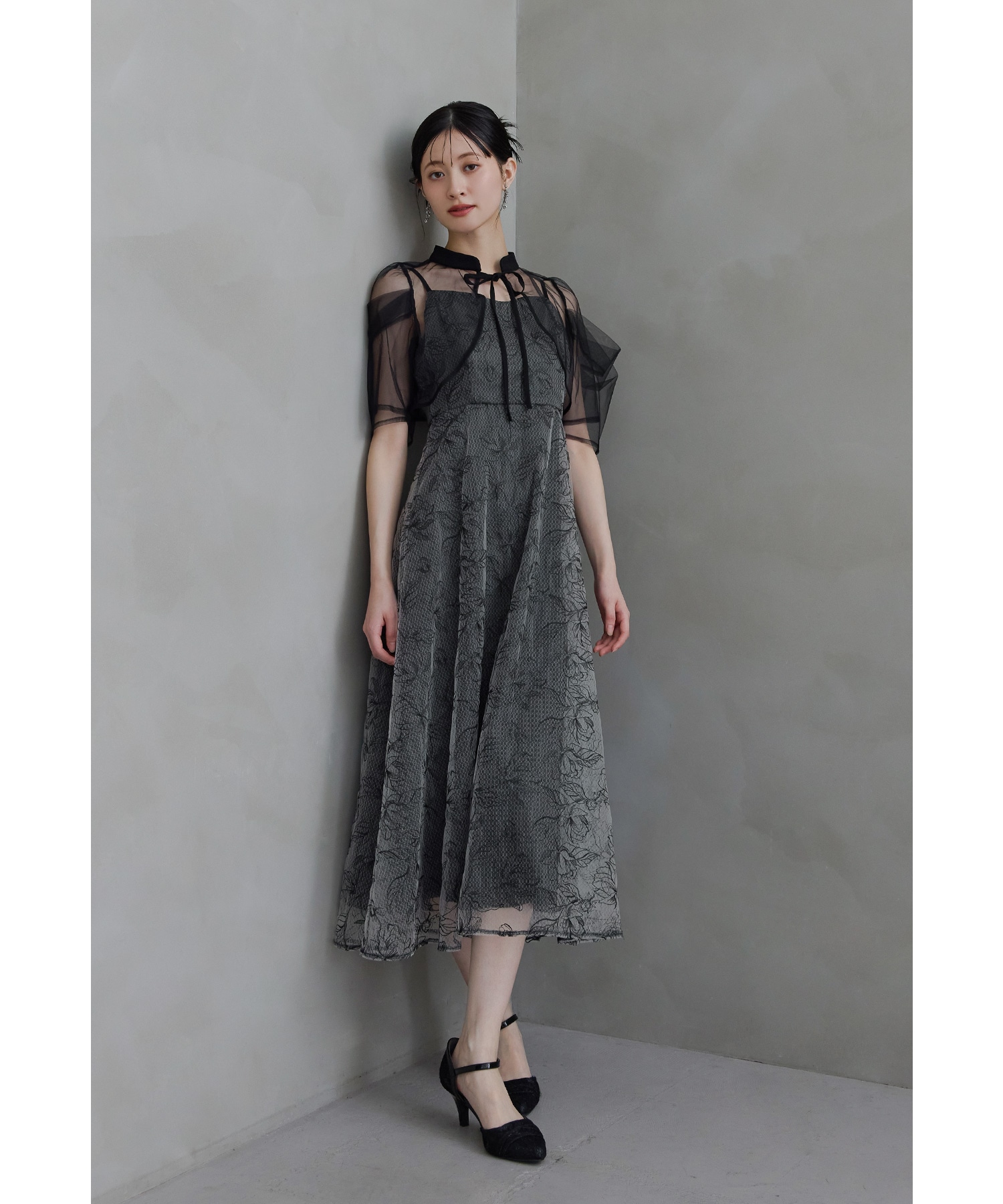 タックスリーブボレロセットドレス パーティードレス 結婚式 刺繍レース 花柄 キャミワンピース チュール 2点セット 袖あり 半袖 ロング丈 2way お呼ばれ パーティー 二次会 披露宴 謝恩会