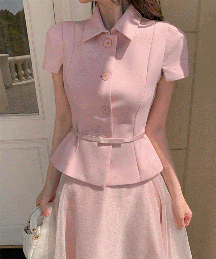 半袖カラー ベルトスリムショートジャケット