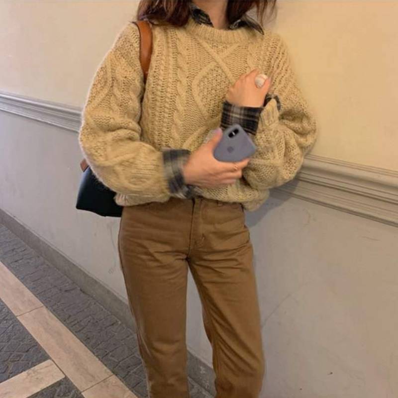 トップス レディース ニット セーター ラウンドネック ケーブル 編み 長袖 無地 大人 かわいい カジュアル おしゃれ 上品 カジュアル ナチュラル シンプル ラフ マニッシュ 楽ちん 秋 冬 通学