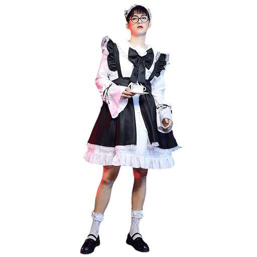 コスパ最高 即納 メイド服 メンズ 男性向け ブラック レッド コスプレ ハロウィン 仮装 ワンピース 長袖 可愛い パーティー イベント 撮影 女装 演出服 レース靴下付き 6点セット (L ブラ