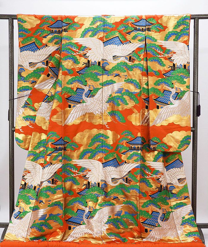 色打掛 正絹 吉祥 舞鶴 寺塔 打掛 花嫁衣裳 婚礼 中古 リサイクル ブライダル ウエディング 着物 e3215