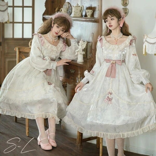 ロリータ 白ロリ ワンピース Aライン Lolita 女の子 コスプレ ミモレ丈 レディース コスチューム 衣装 かわいい 可愛い フリル 仮装 パーティ イベント 森ガール 可愛い ゆめかわいい 女