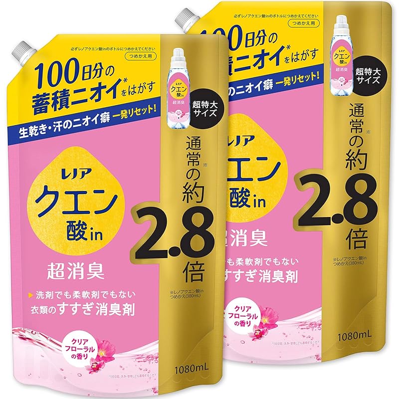 レノア Lenor クエン酸in 超消臭 すすぎ消臭剤 クリアフローラル 詰め替え 1080mL ×2個【まとめ買い】