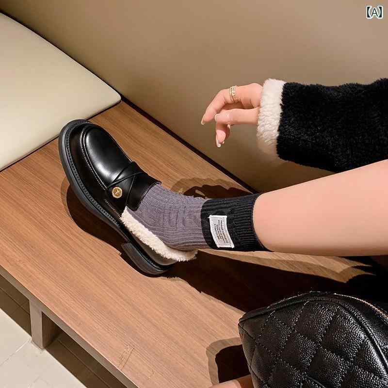 ローファー レディース オフィス カレッジ 通勤 通学 仕事 英国 レトロ 深い 口 厚手 ヒール シングル シューズ 女性 冬 革 ブラウン 裏起毛 スリッポン ポリッシュ レザーシューズ