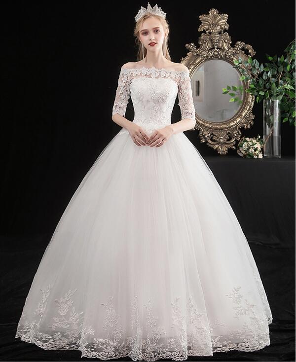 韓国風ロングウェディングドレス/刺繍レースロングフリルドレス/お姫系高級ウエディングドレス/披露宴パーティー二次会フォマールドレス/写真撮影専用ドレス/宮廷シンプル風ドレスパニエ　ベール　グローブ　ド