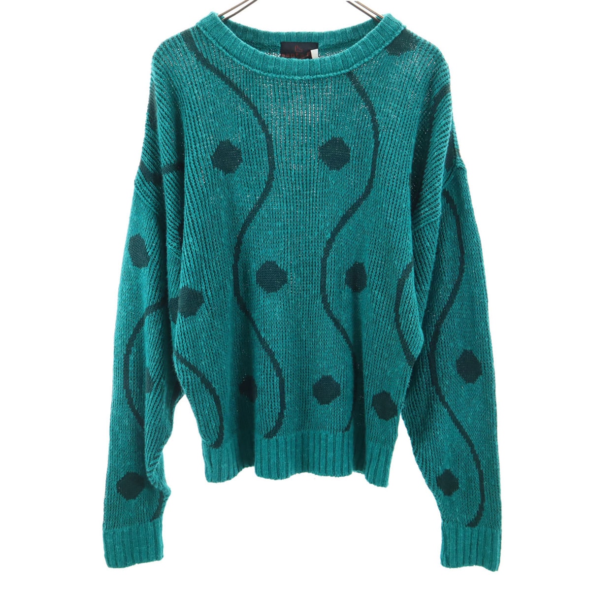 santa fe サンタフェ 90s オールド 総柄 長袖 ニット 40/3 エメラルドグリーン セーター メンズ 古着