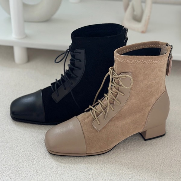 ショートブーツ レースアップ スクエアトゥ キャップトゥ バックジップ 天然牛革 フラット レディース ローヒール 黒 ブラック ベージュ 靴 婦人靴 韓国