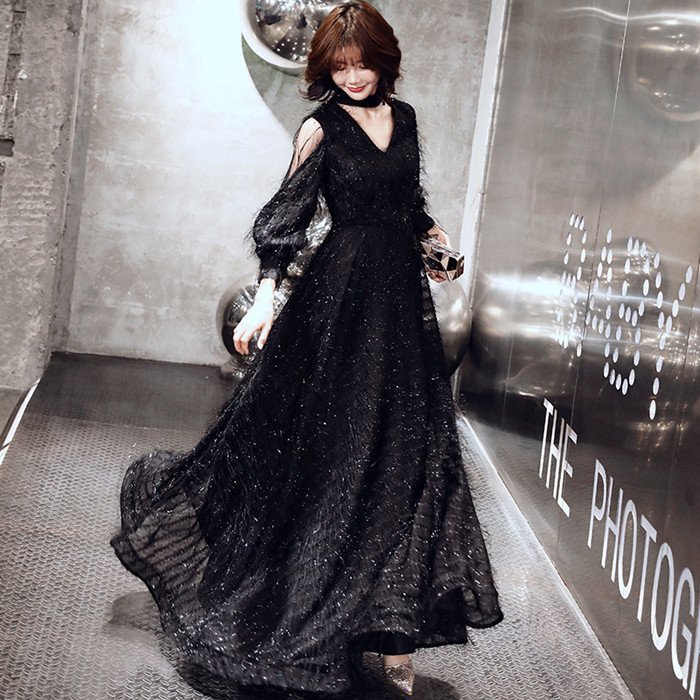 カラードレス 黒 演奏会用ドレス 長袖 パーティードレス ウェディングドレス ロングドレス 発表会