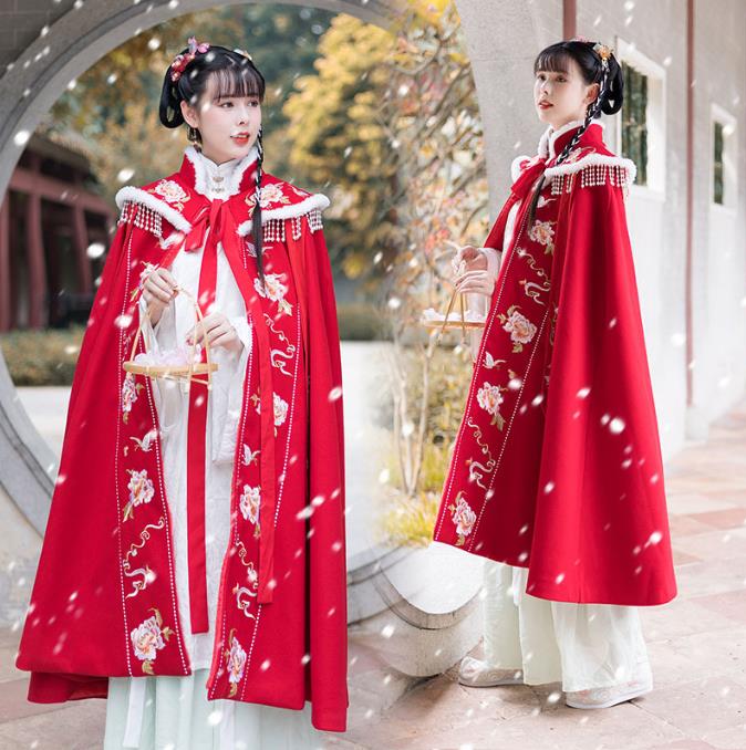 刺繍冬服マント漢服レディース秋冬コートジャケット チャイナマント中国民族風女性用 アウター ロング ジャンパー マント ラシャコートストールエレガント復古風 ロング丈写真撮影 ベルベットファー襟付き