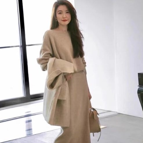 セットアップ ニットソー プルオーバー ニットスカート マキシ丈 袖あり 長袖 ラウンドネック 襟なし タイト ニット 上下セット 2点セット 大人可愛い きれいめ シンプル 大人 上品 おしゃれ