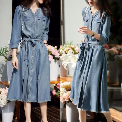【即納】デニム シャツ ワンピース ジーンズ 長袖 ミモレ丈 韓国 オーバーシャツ 春 秋 冬 レディース デニムワンピース シャツワンピース 無地 襟なし 大人可愛い 前開き ウエストリボン シャツ