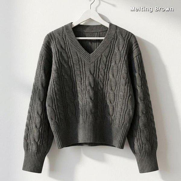 女性ルーズフィットVネックケーブルニット DN26