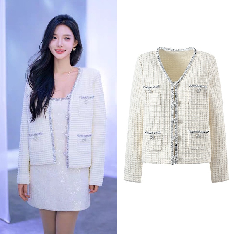 秋冬の気質とデザインの女性の小さなコートvネックダイヤモンドカーディガントップ