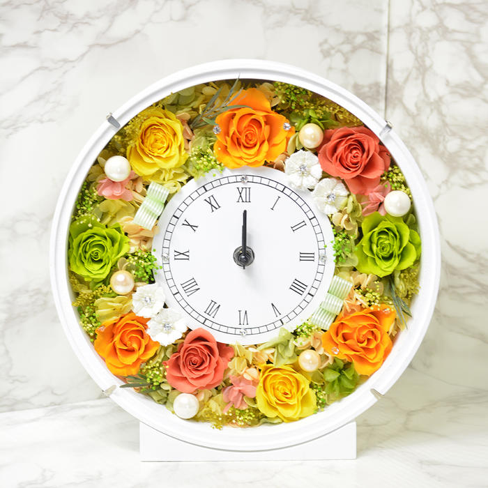 プリザーブドフラワー 時計 スワロフスキー付 オレンジ トロピカルカラー フラワーギフト 花 贈り物 プレゼント 開店祝い 引越し祝い 開業祝い