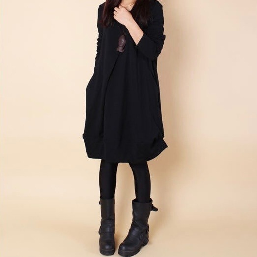 レディース トップス ワンピース チュニック バルーンワンピース ミモレ 長袖 クルーネック Aライン ストリート ふっくら ポケット コクーン コットン かわいい 大人可愛い シンプル カジュアル