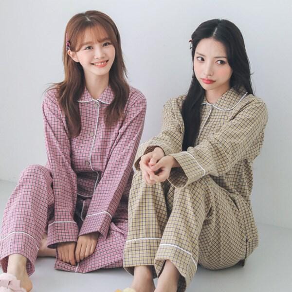 オーラチェックツーピース レディース 長袖パジャマ ホームウェア 上下セット 4色