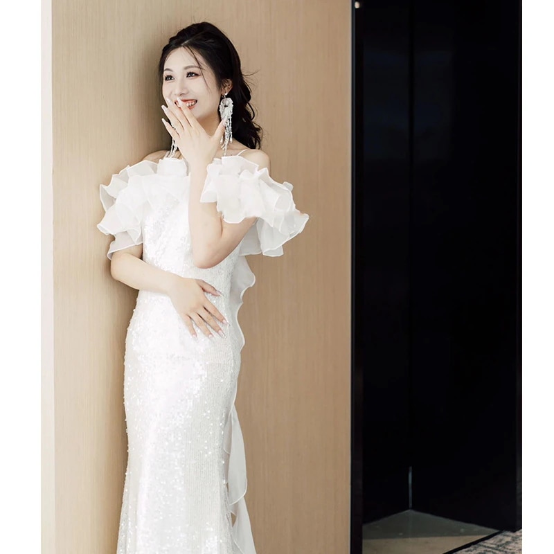 ワンピースドレスドレススパンコールドレス花嫁2025気質ワンショルダーテイルエンゲージメントパーティードレスドレス気質