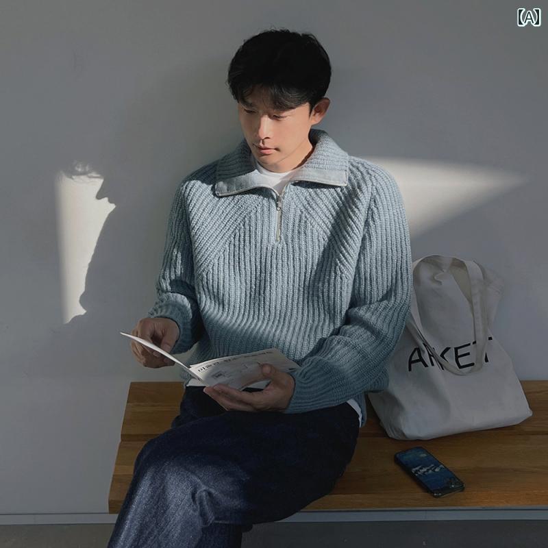 セーター メンズ ニット トップス 秋冬 ハーフジップ タートルネック ファッション カジュアル 韓国 ブルー グリーン