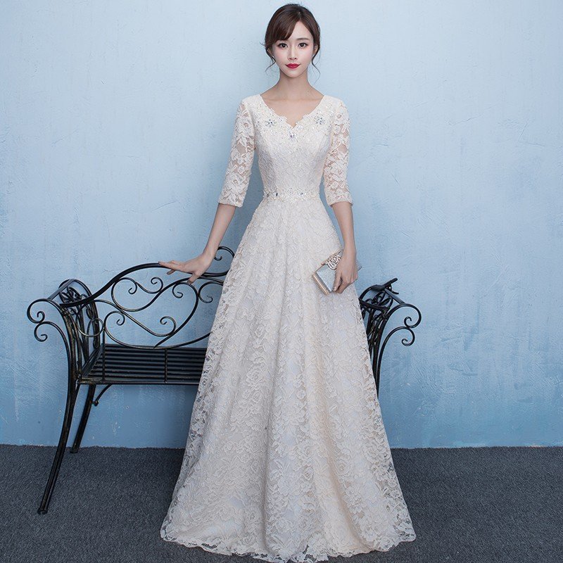 ウエディングドレス aライン オフホワイト 袖あり レース ウェディングドレス 花嫁 結婚式 ブライダル パーティー 二次会 ブライダル ロングドレス 安い