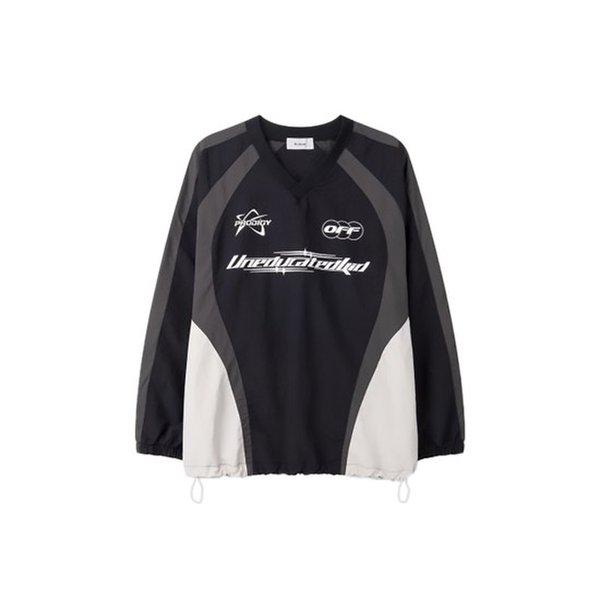 メンズ OFF スポーティ トラック Vネック 長袖 Tシャツ RM-TSA-Q068-ブラック