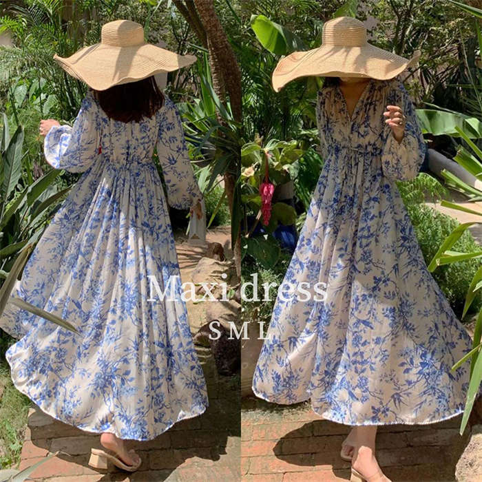 ワンピース レディース きれいめ リゾートワンピース 海 夏 長袖 UVカット 涼しい ロングワンピース リゾートワンピ ロングワンピ ワンピ マキシワンピ サンドレス サマードレス Vネック 花柄