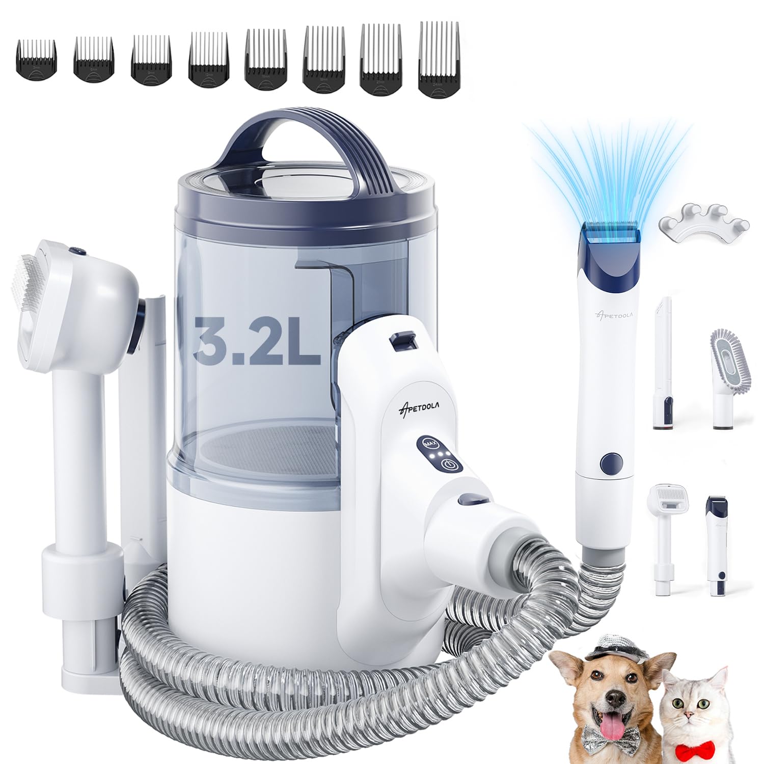 APD APETDOLA ペット用バリカン 5 in 1 犬 バリカン 【3.2L大容量 ダストカップ】 犬 猫 低騒音 3段階 強力吸引 18Kpa グルーミングセット 8個ガイドコーム付き 収納ス