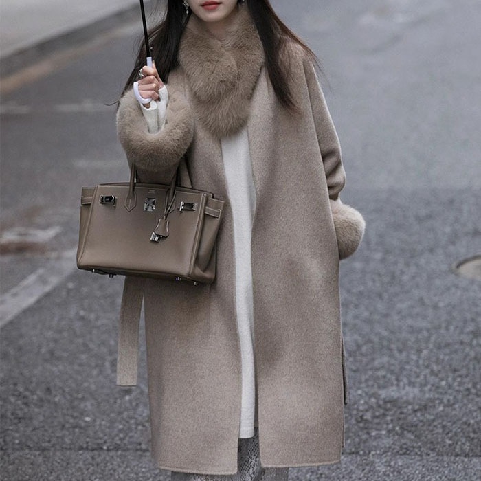 ロングコート レディース アウター フォックスファー コート ウールコート ファーマフラー 毛皮 高品質 高級 ウール 冬服 韓国ファッション 春 秋 冬 防寒 保温 厚手 暖かい 大きいサイズ きれ