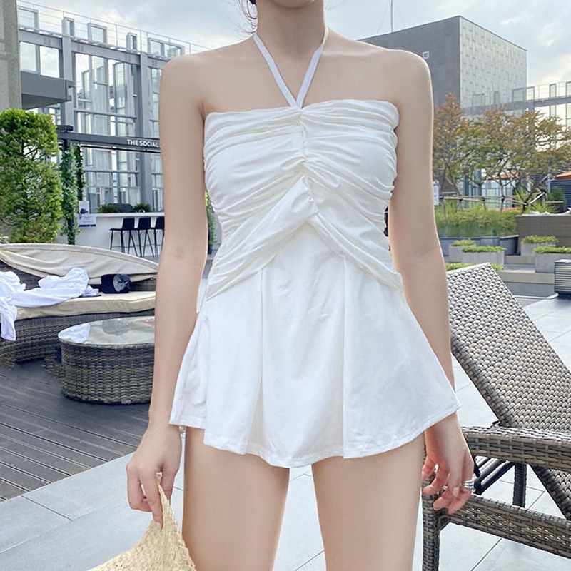 韓国　大人可愛い バックリボンフリルワンピース水着 バックオープン ワンピース水着