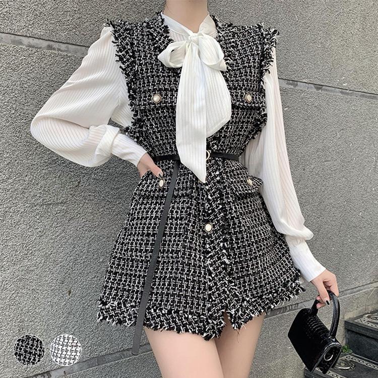 ベストレディース前開きおしゃれVネック黒白ツイード風ポケットワンピースミディアム