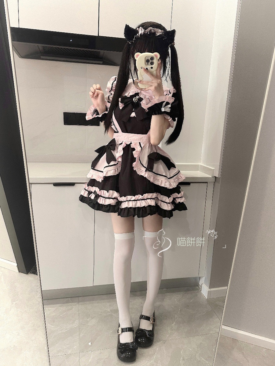 【激安本日限定】ロリータ ワンピースニャーパンケーキ：黒とピンクのメイド服女の子猫可愛い重工業ロリータロリータドレス