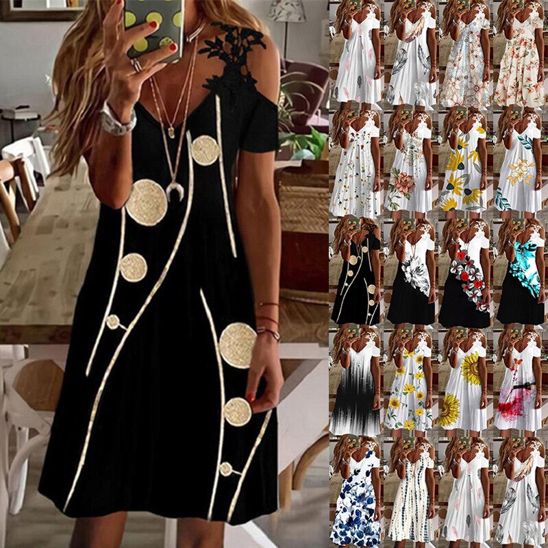 夏の女性のプリントドレスオフショルダーレース半袖ボタンドレスドレスロングスカート 5,099円