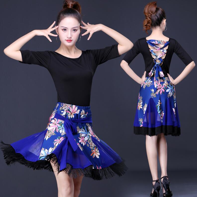 ダンス衣装セット 半袖ダンスTシャツ ラテンダンス ダンススカート 花柄 レディースダンスウェア ダンス練習着 クルーネック ダンス稽古 レッスン着 細見え 練習着 社交ダンス ラテンダンス モダン