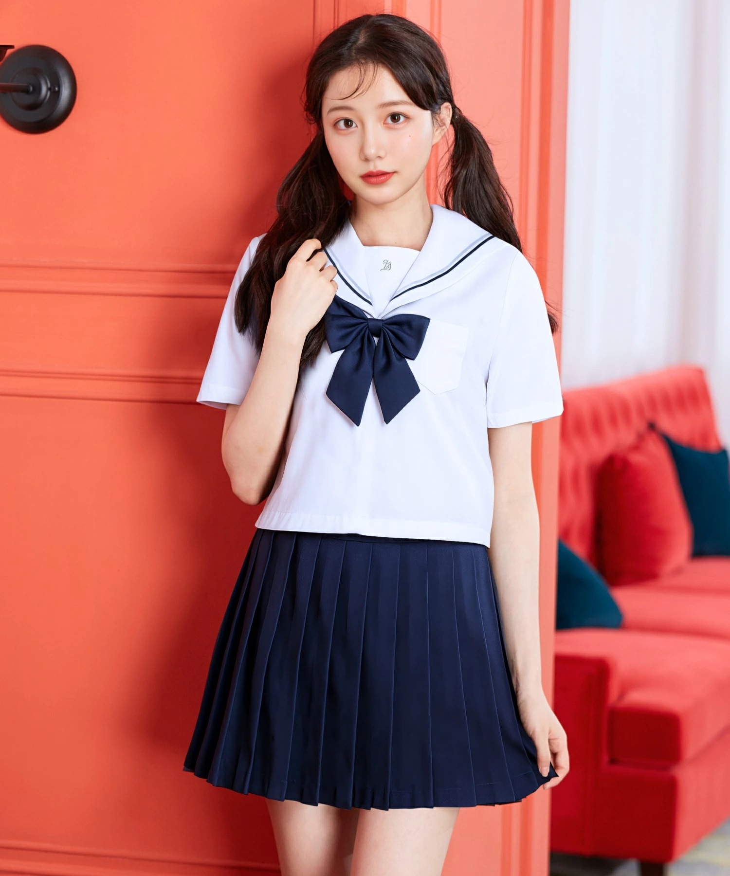 新品限時!優!惠! ハロウィン コスプレ 制服 セーラー服 半袖 大人 ブラウス クロップド丈 スカート リボン セット 3点セット S M L 2L ホワイト ネイビー 定番 女子高生 高校生 中学